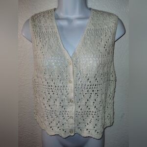 KNIT STITCHES Sweater Vest Cream Crochet Buttons Vintage Size Small